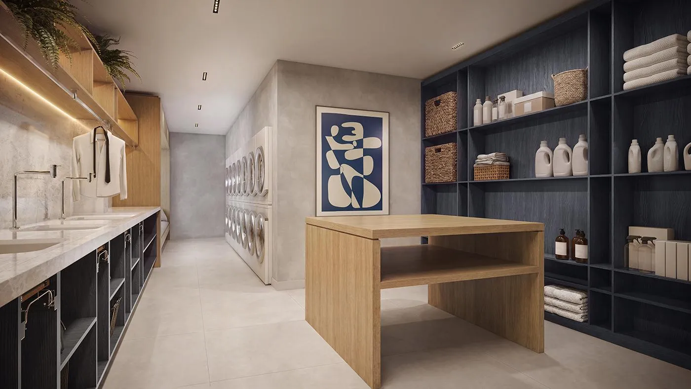 O projeto contempla coworking, lavanderia e um rooftop com piscina, spa e academia.