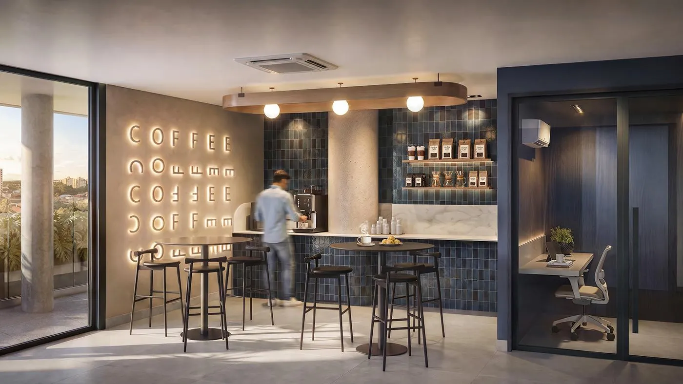O projeto contempla coworking, lavanderia e um rooftop com piscina, spa e academia.